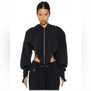 NWT Sami Miro Vintage V Cut Raw Hem Zip Up Organic French Terry Hoodie Black S